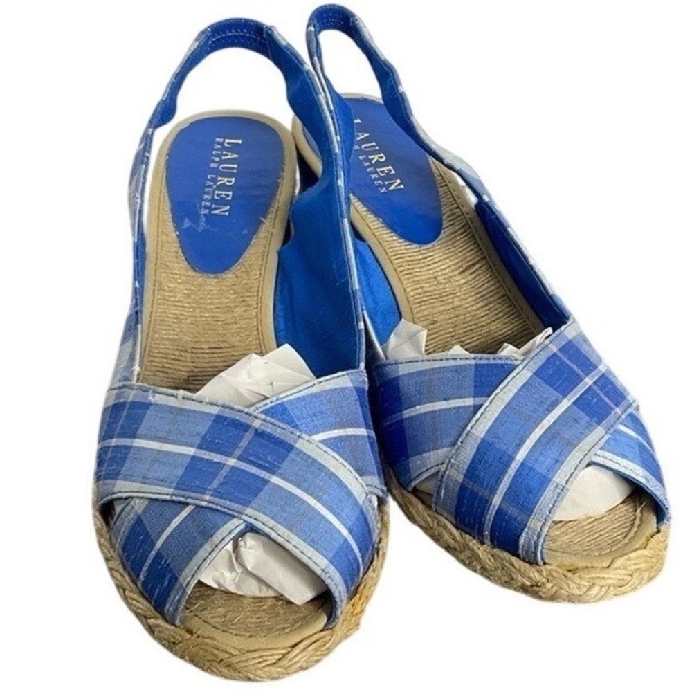 Lauren‎ Ralph Lauren Womens CAMARA Blue Plaid Wedge Slingback Sandals Size 10B